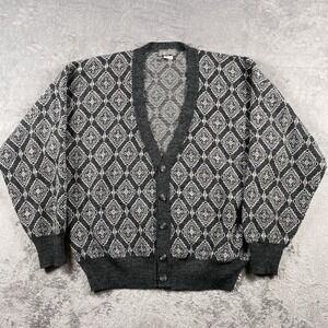 VTG Grandpa Cardigan Sweater Mens Size M Grey Geometric Grunge Wool Blend Italy
